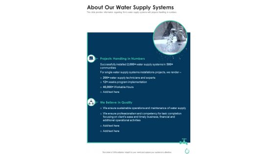 Community Water Supply Project Proposal About Our Water Supply Systems One Pager Sample Example Document
