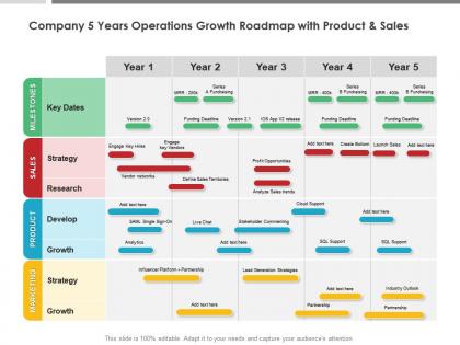 Company 5 years operations growth roadmap with product and sales
