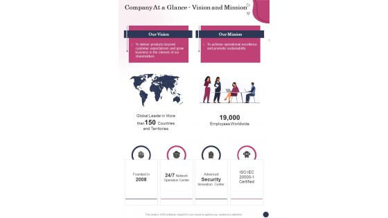 Company At A Glance Vision And Mission One Pager Sample Example Document