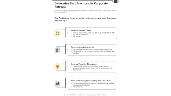 Company Employees Determine Best Practices For Corporate Retreats One Pager Sample Example Document