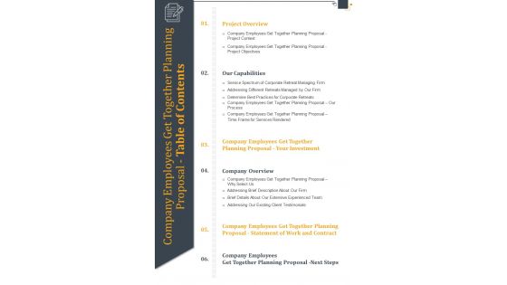 Company Employees Get Together Planning Proposal Table Of Contents One Pager Sample Example Document