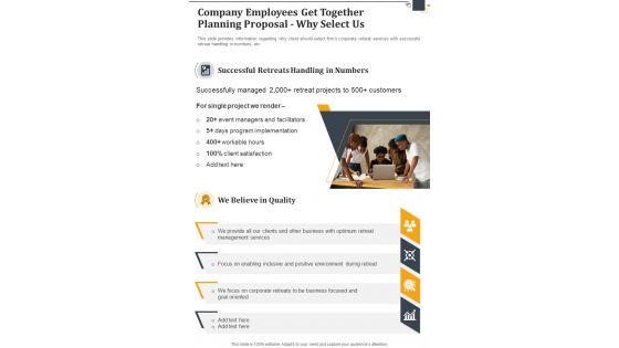 Company Employees Get Together Planning Proposal Why Select Us One Pager Sample Example Document