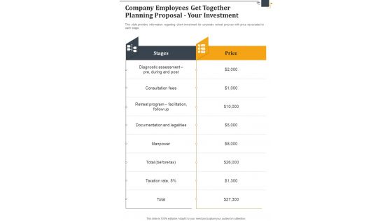 Company Employees Get Together Planning Proposal Your Investment One Pager Sample Example Document