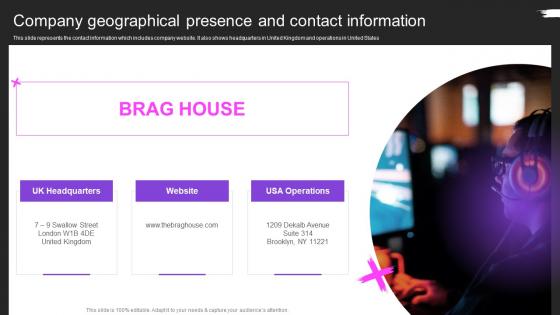 Company Geographical Presence And Contact Information Brag House Pitch Deck