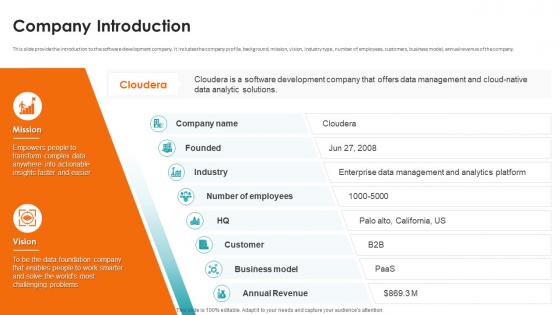 Company Introduction Cloudera Investor Funding Elevator Pitch Deck