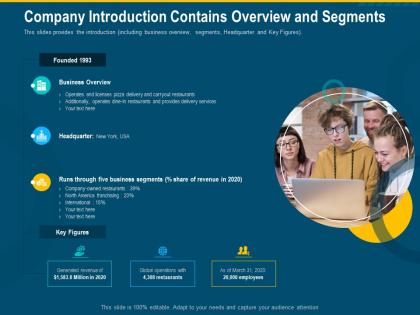 Company introduction contains overview and segments services revenue global ppt grid