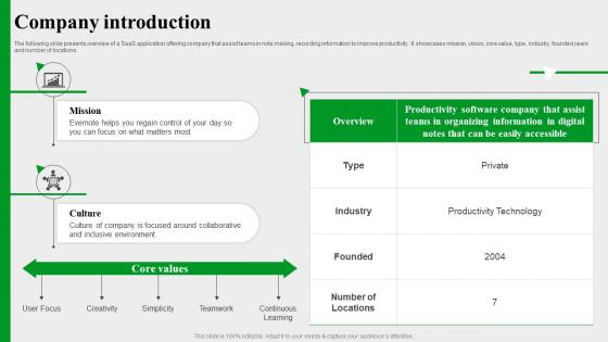 Company Introduction Evernote Investor Funding Elevator Pitch Deck