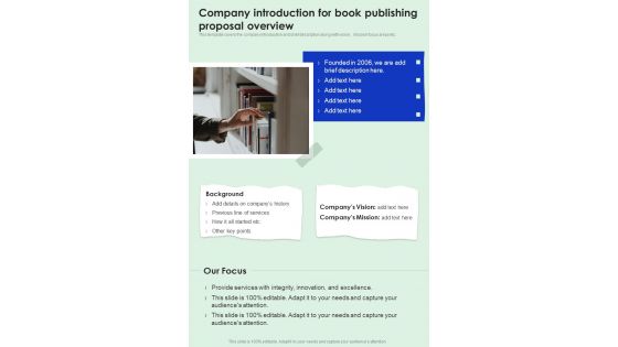 Company Introduction For Book Publishing One Pager Sample Example Document