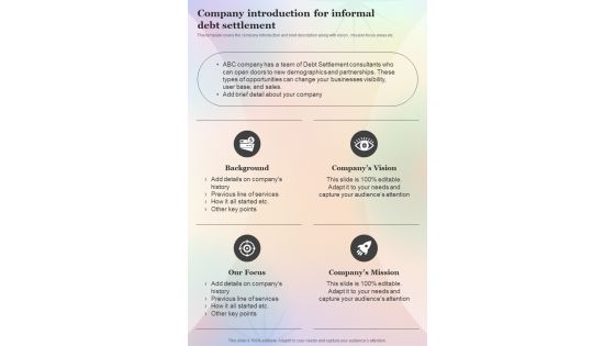 Company Introduction For Informal Debt Settlement One Pager Sample Example Document