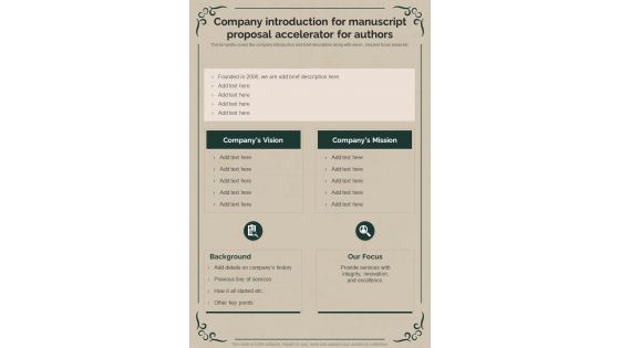 Company Introduction For Manuscript Proposal Accelerator For Authors One Pager Sample Example Document