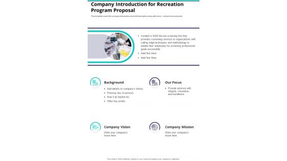 Company Introduction For Recreation Program Proposal One Pager Sample Example Document