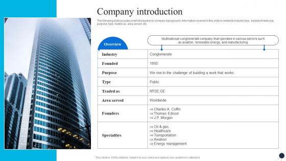 Company Introduction General Electric Investor Funding Elevator Pitch Deck