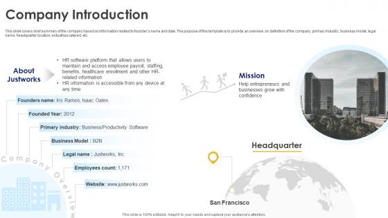 Company Introduction Justworks Investor Funding Elevator Pitch Deck