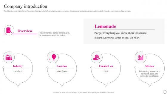 Company Introduction Lemonade Investor Funding Elevator Pitch Deck