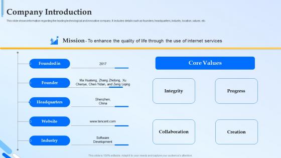 Company Introduction Tencent Investor Funding Elevator Pitch Deck