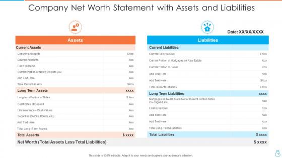 Company net worth statement with assets and liabilities