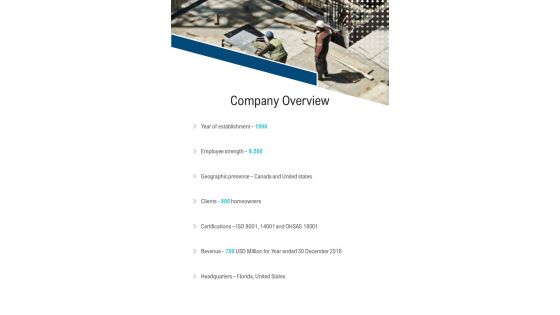 Company Overview Contractor Services Proposal One Pager Sample Example Document