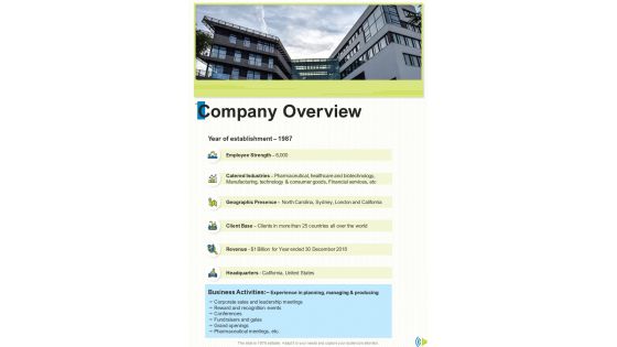 Company Overview Event Announcer Proposal One Pager Sample Example Document
