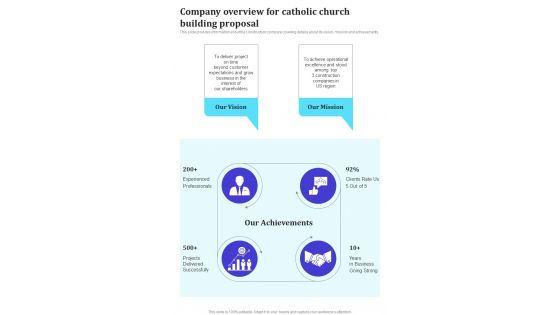 Company Overview For Catholic Church Building Proposal One Pager Sample Example Document