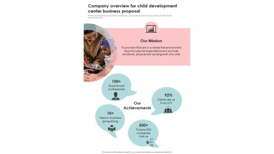 Company Overview For Child Development Center Business Proposal One Pager Sample Example Document