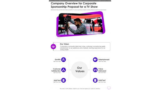 Company Overview For Corporate Sponsorship For A Tv Show One Pager Sample Example Document