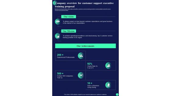 Company Overview For Customer Support Executive Training Proposal One Pager Sample Example Document
