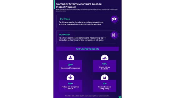 Company Overview For Data Science Project Proposal One Pager Sample Example Document