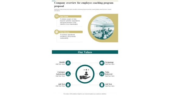 Company Overview For Employee Coaching Program Proposal One Pager Sample Example Document
