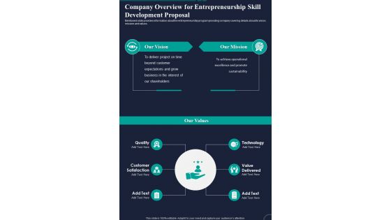 Company Overview For Entrepreneurship Skill Development Proposal One Pager Sample Example Document