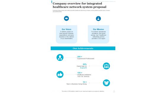 Company Overview For Integrated Healthcare Network System One Pager Sample Example Document