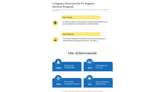 Company Overview For It Support Services Proposal One Pager Sample Example Document