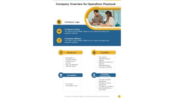Company Overview For Operations Playbook One Pager Sample Example Document