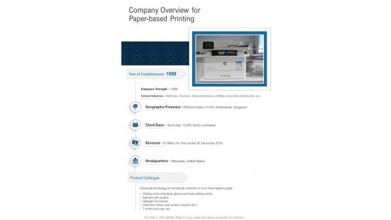 Company Overview For Paper Based Printing One Pager Sample Example Document
