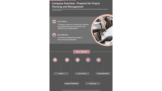 Company Overview For Project Planning And Management One Pager Sample Example Document