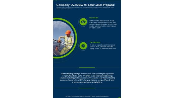 Company Overview For Solar Sales Proposal One Pager Sample Example Document