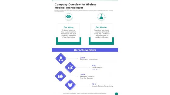Company Overview For Wireless Medical Technologies One Pager Sample Example Document