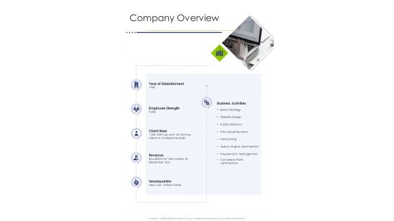 Company Overview Marketing Strategy Proposal One Pager Sample Example Document