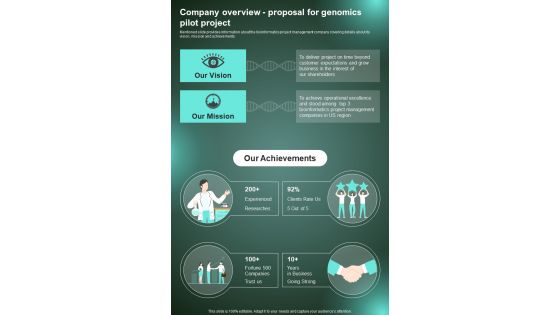 Company Overview Proposal For Genomics Pilot Project One Pager Sample Example Document
