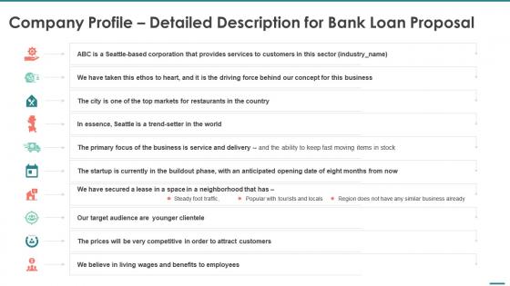 Company profile detailed description for bank loan proposal ppt slides icon