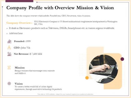 Company profile with overview mission and vision various regions powerpoint presentation skills