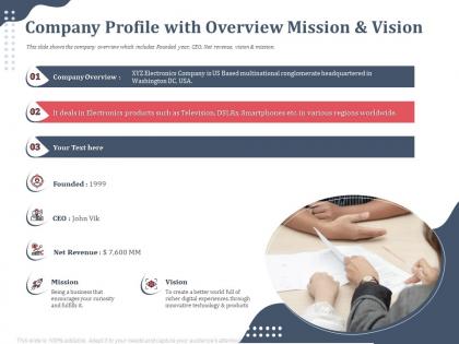Company profile with overview mission net revenue ppt presentation slides