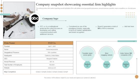 Company Snapshot Showcasing Essential Firm Highlights Strategy Toolkit To Manage Brand Identity