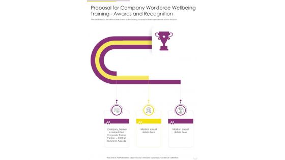 Company Workforce Wellbeing Training Awards And Recognition One Pager Sample Example Document