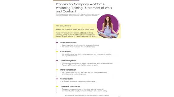 Company Workforce Wellbeing Training Statement Of Work And Contract One Pager Sample Example Document
