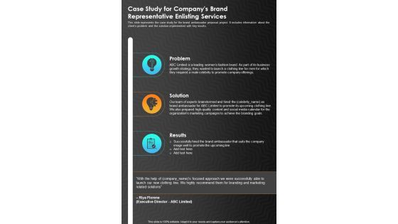 Companys Brand Representative Enlisting For Case Study One Pager Sample Example Document