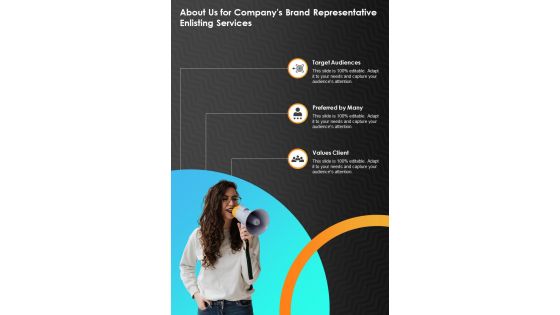 Companys Brand Representative For About Us One Pager Sample Example Document