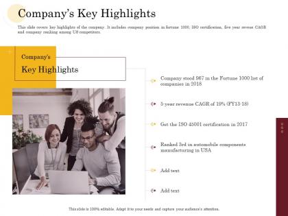 Companys key highlights manufacturing company performance analysis ppt layouts