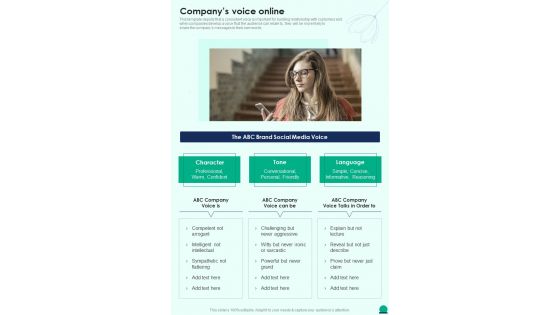 Companys Voice Online Social Media Playbook One Pager Sample Example Document