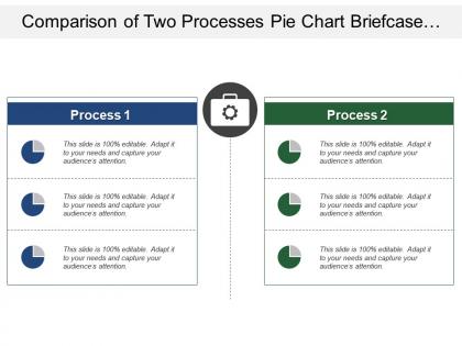 Comparison of two processes pie chart briefcase with gear image