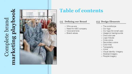 Complete Brand Marketing Playbook Table Of Contents Ppt Slides Pictures